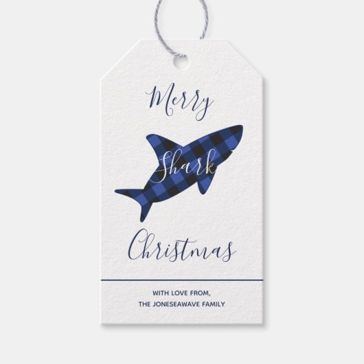 Merry Shark met kerstblauw spelscript Cadeaulabel (Voorkant)