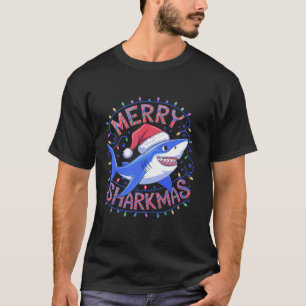 Merry Sharkmas Funny Christmas Shark Santa Hat Lig T-shirt
