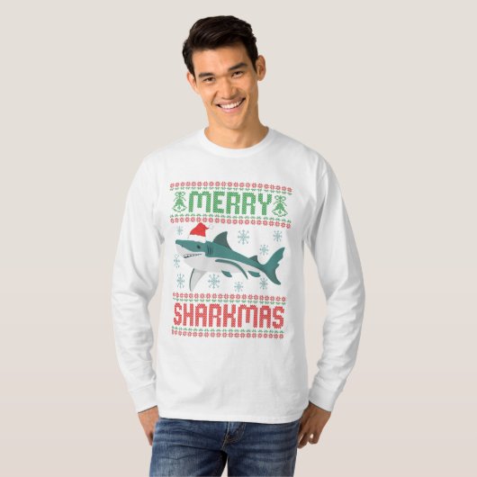Merry Sharkmas Funny Kersthaai Ugly Sweater T-shirt (Voorkant volledig)