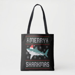 Merry Sharkmas Funny Kersthaai Ugly Sweater Tote Bag
