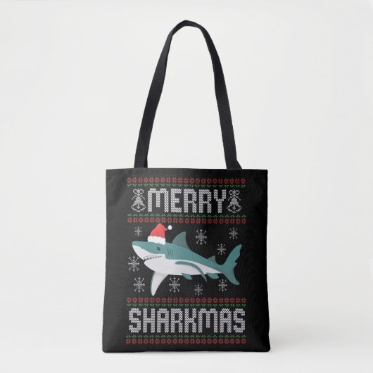 Merry Sharkmas Funny Kersthaai Ugly Sweater Tote Bag (Voorkant)