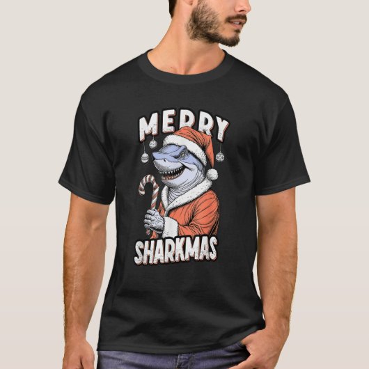 Merry Sharkmas Funny Shark Santa Claus Candy Cane T-shirt (Voorkant)