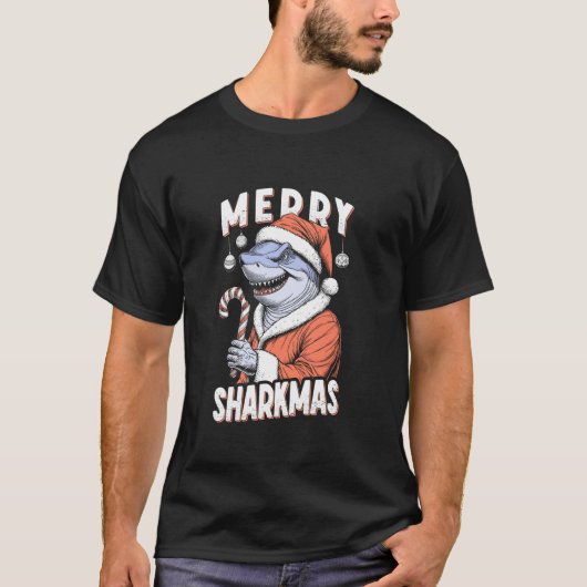 Merry Sharkmas Funny Shark Santa Claus Candy Cane  T-shirt (Voorkant)