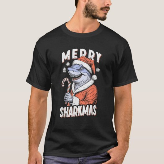 Merry Sharkmas Funny Shark Santa Claus Candy Cane  T-shirt (Voorkant)