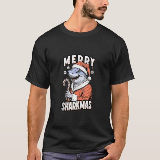 Merry Sharkmas Funny Shark Santa Claus Candy Cane  T-shirt (Voorkant)