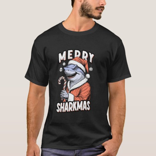 Merry Sharkmas Funny Shark Santa Claus Candy Cane  T-shirt (Voorkant)