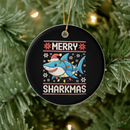 Merry Sharkmas Shark Christmas Ugly Xmas Lights Keramisch Ornament (Boom)