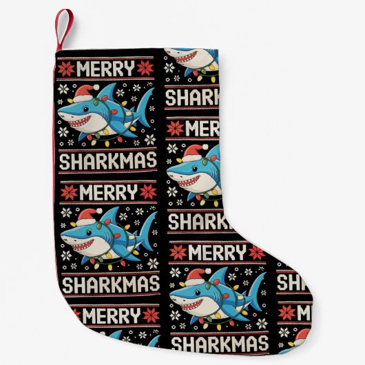 Merry Sharkmas Shark Christmas Ugly Xmas Lights Kleine Kerstsok (Voorkant)