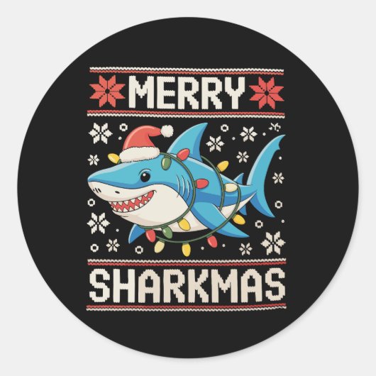 Merry Sharkmas Shark Christmas Ugly Xmas Lights Ronde Sticker (Voorkant)
