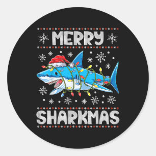 Merry Sharkmas Shark Santa Ugly kerstlampje B Ronde Sticker