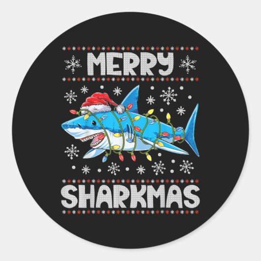 Merry Sharkmas Shark Santa Ugly kerstlampje B Ronde Sticker (Voorkant)