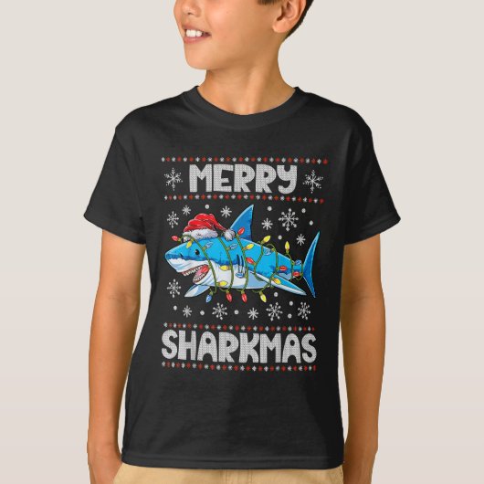 Merry Sharkmas Shark Santa Ugly kerstlampje B T-shirt (Voorkant)