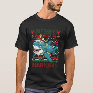 Merry Sharkmas Ugly Christmas Shark Lights Santa H T-shirt