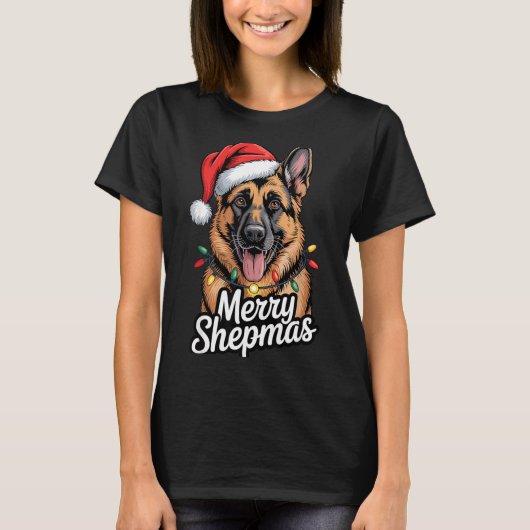 Merry Shepmas German Shepherd Christmas Lights Hum T-shirt (Voorkant)