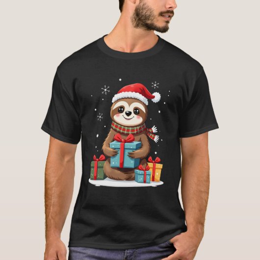 Merry Slothmas cute Christmas sloth Santa hat Xmas T-shirt (Voorkant)