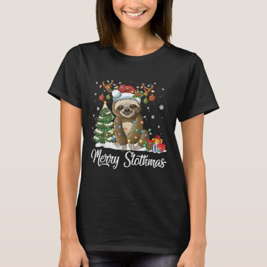 Merry Slothmas Funny Sloth Christmas Tree Lights X T-shirt (Voorkant)