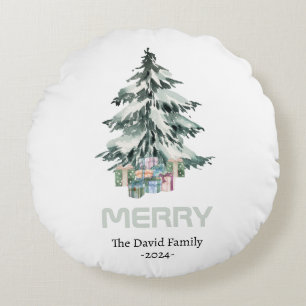 Merry Snow Waterverf Pine-kerstboomgeschenken Rond Kussen