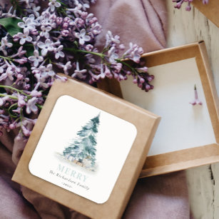 Merry Snow Waterverf Pine-kerstboomgeschenken Vierkante Sticker