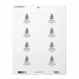 Merry Snow Waterverf Pine xmas botanische boom Etiket