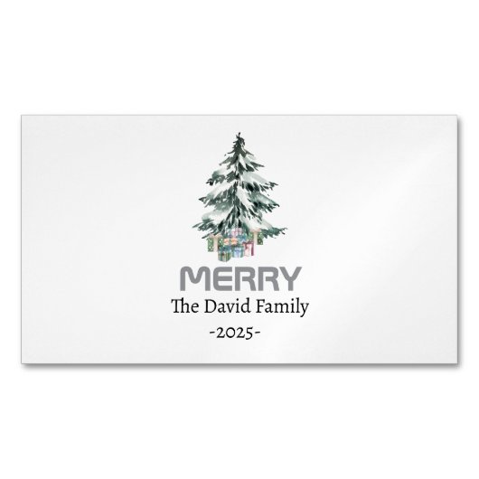 Merry Snow Waterverf Pine xmas botanische boom Magnetisch Visitekaartje (Voorkant)