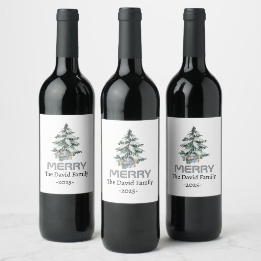 Merry Snow Waterverf Pine xmas botanische boom Wijn Etiket (Flessen)