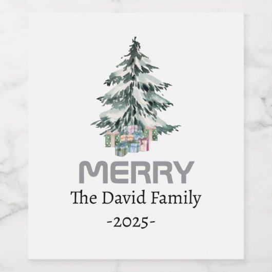 Merry Snow Waterverf Pine xmas botanische boom Wijn Etiket (Enkel label)