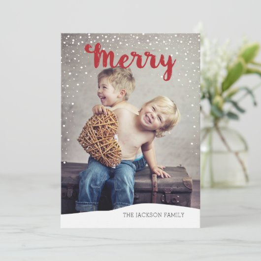 Merry Snowfall Collectie Red Photo met kerstmis Feestdagenkaart (Staand voorkant)