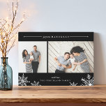 Merry Snowflake Chanoeka Fotokaart | Black Feestdagenkaart<br><div class="desc">Elegante en moderne Hanukkah-fotokaart bevat twee favoriete foto's die naast elkaar zijn uitgelijnd, met "Joyous Hanukkah" bovenaan in wit cursief en bloktypografie. Personaliseer met uw aangepaste begroeting en naam aan de onderkant, geaccentueerd door vier witte sneeuwvlok illustraties. Een rijke zwarte achtergrond voegt klassieke elegantie toe aan uw vakantiebegroeting. Kaart keert...</div>