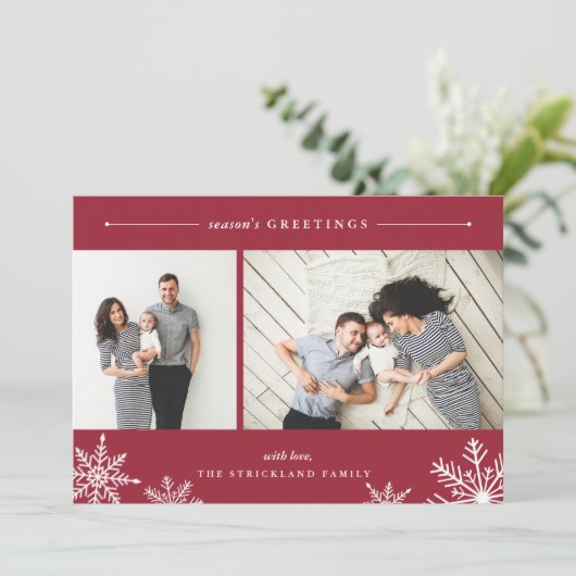 Merry Snowflake Holiday-fotokaart | Rood Feestdagenkaart (Staand voorkant)