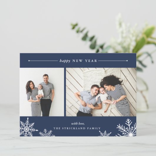 Merry Snowflake New Year-fotokaart | marine Feestdagenkaart (Staand voorkant)