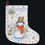 Merry snowman met lantaarns en holly berry bells grote kerstsok<br><div class="desc">Een vrolijk en glimlachend sneeuwman met een helder glanzende lantaarn voelt de vakantiegeest opstaan als we dichterbij Kerstmis komen. De spuiten van Holly vullen de achtergrond en de boei heeft een belaccent.</div>