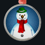 Merry Snowman Metalen Ornament<br><div class="desc">De vrolijke sneeuwman met zijn groene pet en rode sjaal.</div>