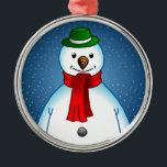 Merry Snowman Metalen Ornament<br><div class="desc">De vrolijke sneeuwman met zijn groene pet en rode sjaal.</div>