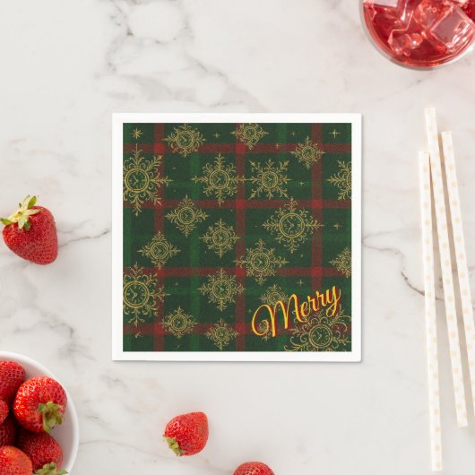Merry Steampunk Sneeuwvlok Rood en Groen Tartan Servet (Insitu)
