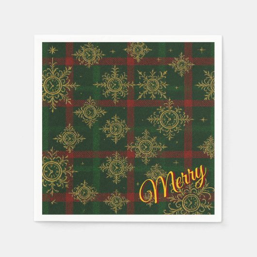 Merry Steampunk Sneeuwvlok Rood en Groen Tartan Servet (Voorkant)