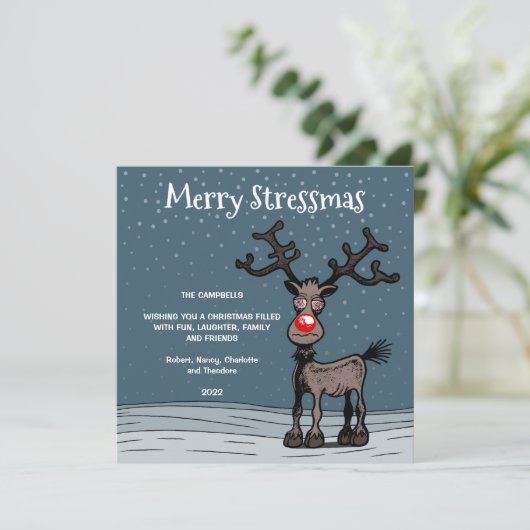 Merry Stressmas met Rudolph-kerstkaart Feestdagenkaart (Staand voorkant)