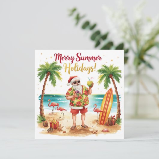 Merry Summer Holiday Santa at the beach  Feestdagenkaart (Staand voorkant)
