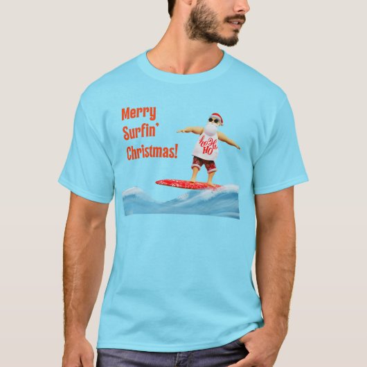Merry Surfin' Christmas Santa op Surfboard T-shirt (Voorkant)
