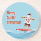 Merry Surfin' Christmas Santa op Surfboard Zandsteen Onderzetter (Voorkant)
