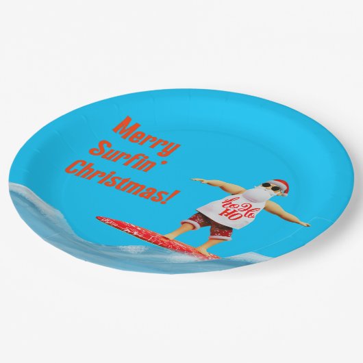 Merry Surfin' Kerstman op Surfboard Gooi P Papieren Bordje (Gekanteld)