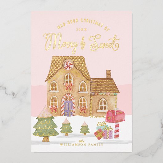 Merry & Sweet Waterverf Gingerbrood Snoep Village Folie Feestdagenkaart (Voorkant)