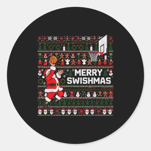 Merry Swishmas Santa Basketball Ugly Sweater Style Ronde Sticker (Voorkant)