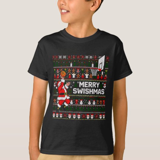 Merry Swishmas Santa Basketball Ugly Sweater Style T-shirt (Voorkant)