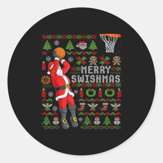 Merry Swishmas Ugly Christmas Basketball Christmas Ronde Sticker (Voorkant)
