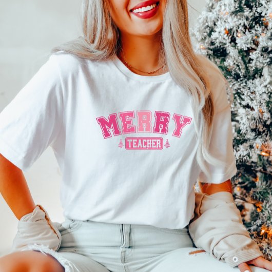 Merry Teacher Christmas Pink T-shirt