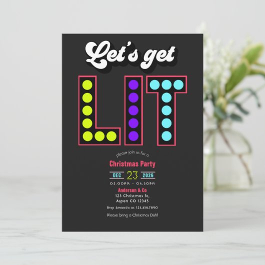 Merry Technicor Lets Get Lit Retro Christmas Party Kaart (Staand voorkant)