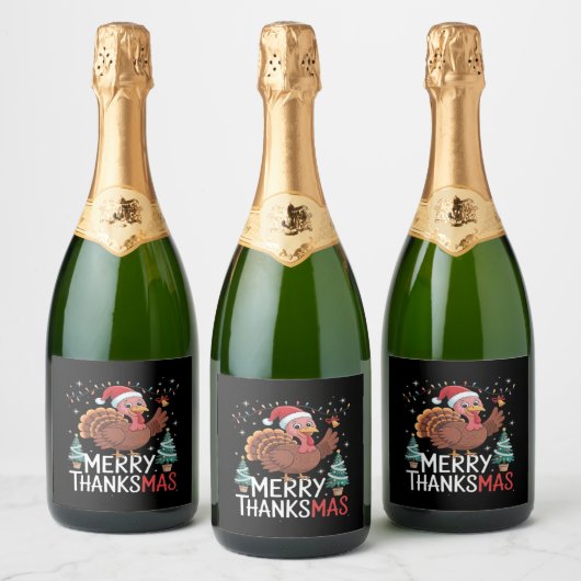 Merry Thanksgiving Happy Thanksgiving Santa Turkey Sparkling Wijnetiket (Flessen)