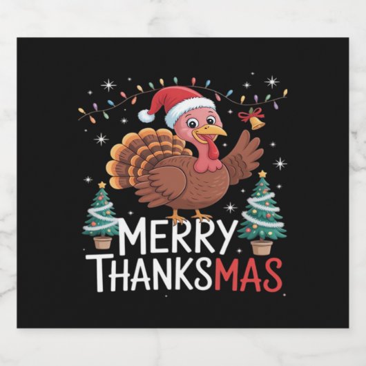 Merry Thanksgiving Happy Thanksgiving Santa Turkey Sparkling Wijnetiket (Enkel label)