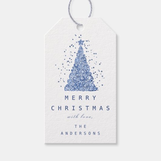 Merry to Name Holiday Blue Diamond kerstboom Cadeaulabel (Voorkant)