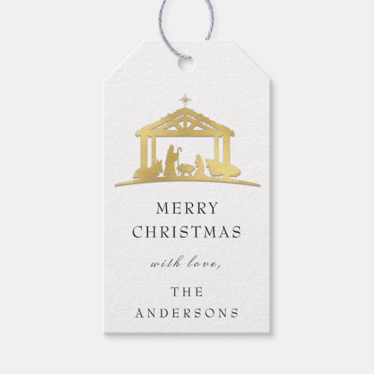 Merry to Name Holiday, Heilige Familie Gold Cadeaulabel (Voorkant)